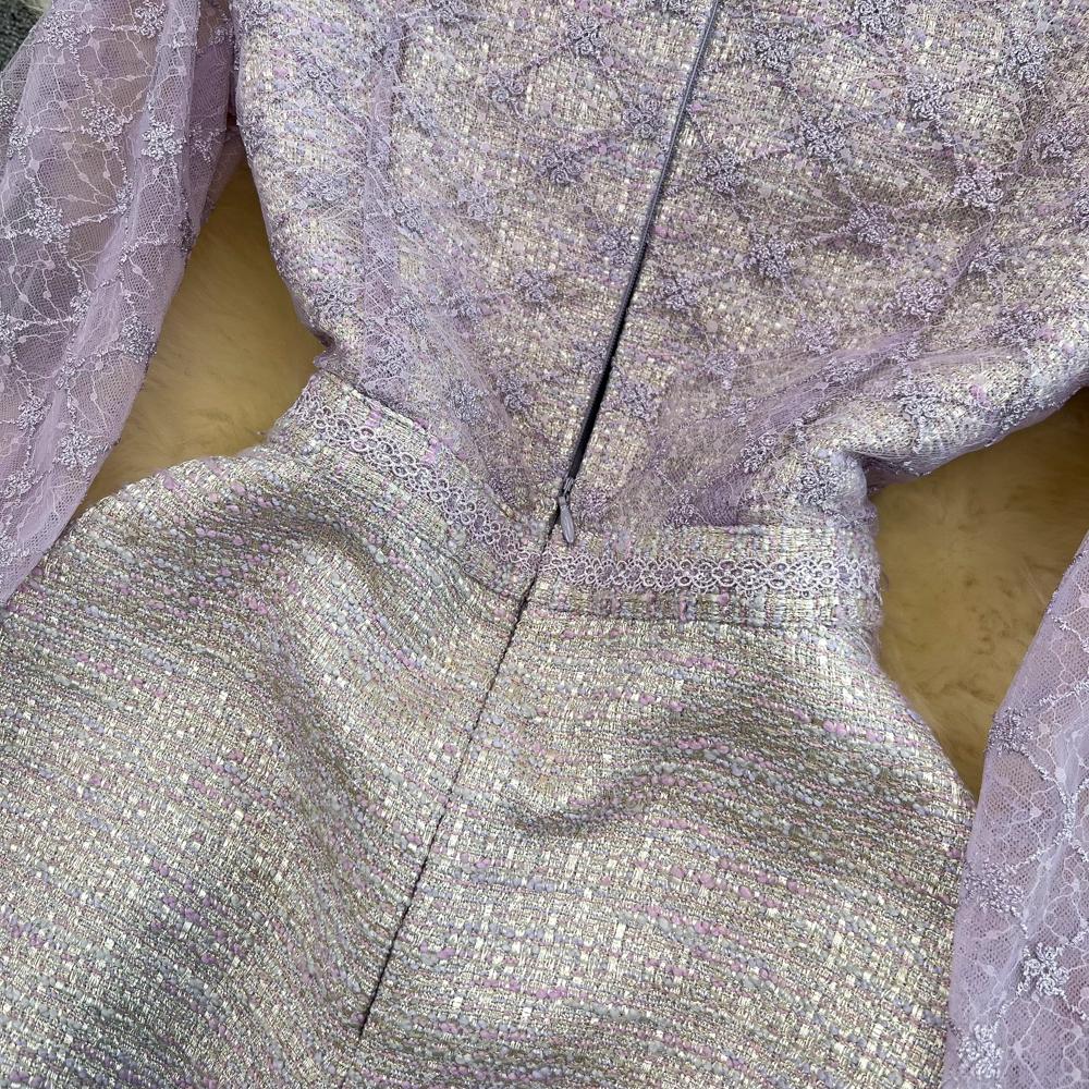Весенне-осеннее женское элегантное фиолетовое сетчатое твидовое лоскутное праздничное платье с вышивкой и бантом, мини-короткие платья с бисером
