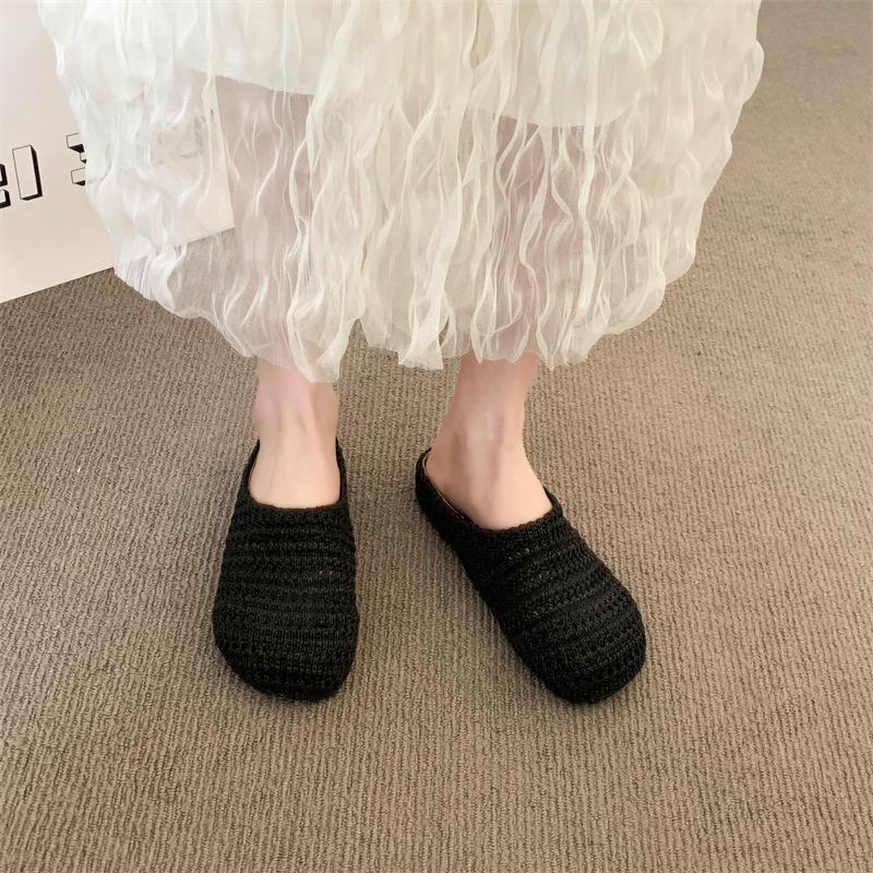 Woven Bag Head Wearing Half Slippers Women's 2025 Summer Beach One Pedal Bag Head Half Drag Muller Flat Slippers