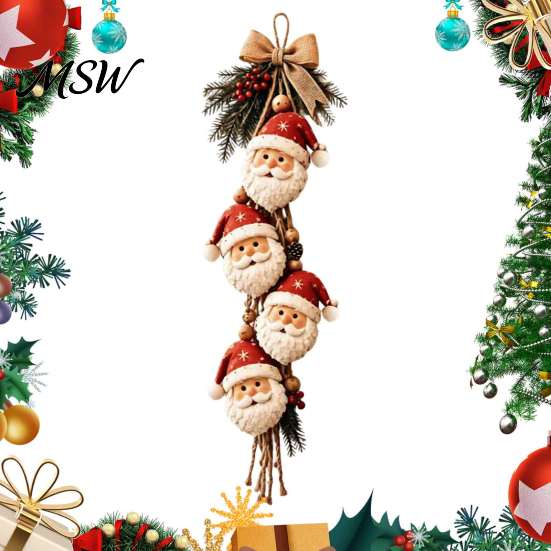 Reusable Christmas Hanging Decor Santa Claus Ornament, 2D Flat Tree Decoration, Rustic Wood Holiday Wall Sign with Pine Branches & Berries for