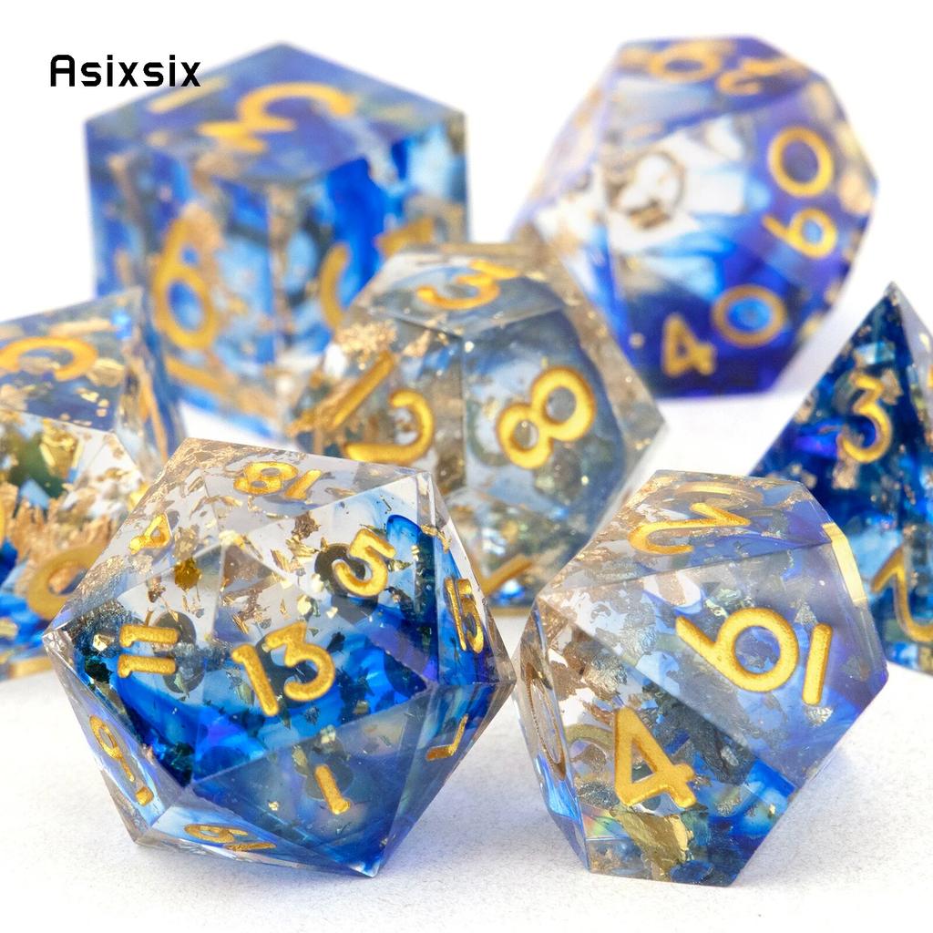 7 Pcs Blue Golden Number Sharp Edge Resin Dice Polyhedral Dice Suitable for Role-Playing RPG Board Game