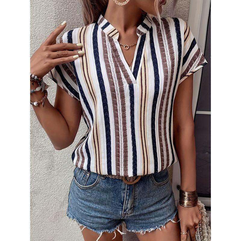 Striped V-neck Batleeved Shirt European and American Spring and Summer Stripe V-neck Batwing Sleeve Shirt Top