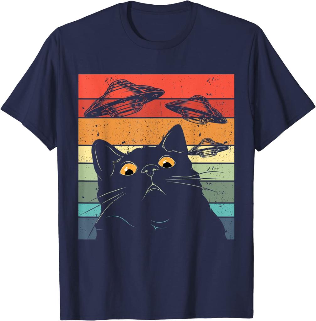 Funny Cat Tee Galaxy Cat Unisex Shirt Spaceship Alien Cat Ufo Wounisex Tshirt Cotton Four Seasons Daily Shirts For Unisex