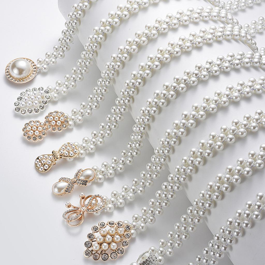 Elegant Adjustable Waist Accessory Elegant Pearls Waist Belt with Rhinestones Accent Stylish Waistband Adornment