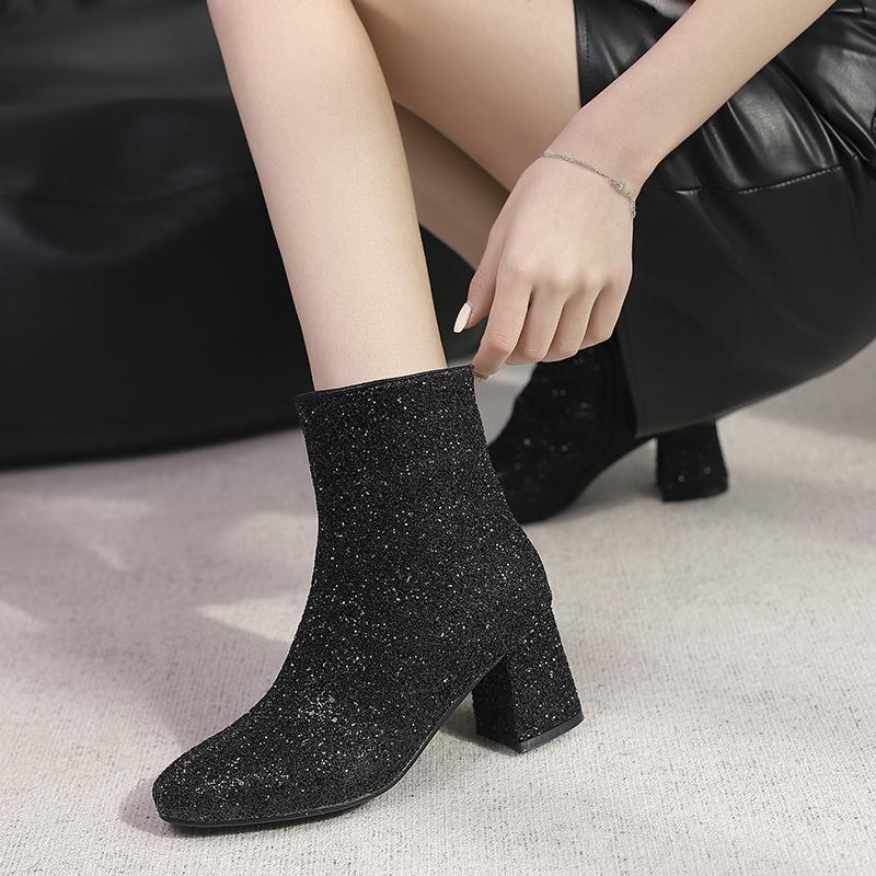 Большие размеры 48 49 50 золотисто-серебристо-голубые блестящие зимние туфли из ткани с блестками женские туфли на высоком толстом каблуке ботильоны челси для вечеринки