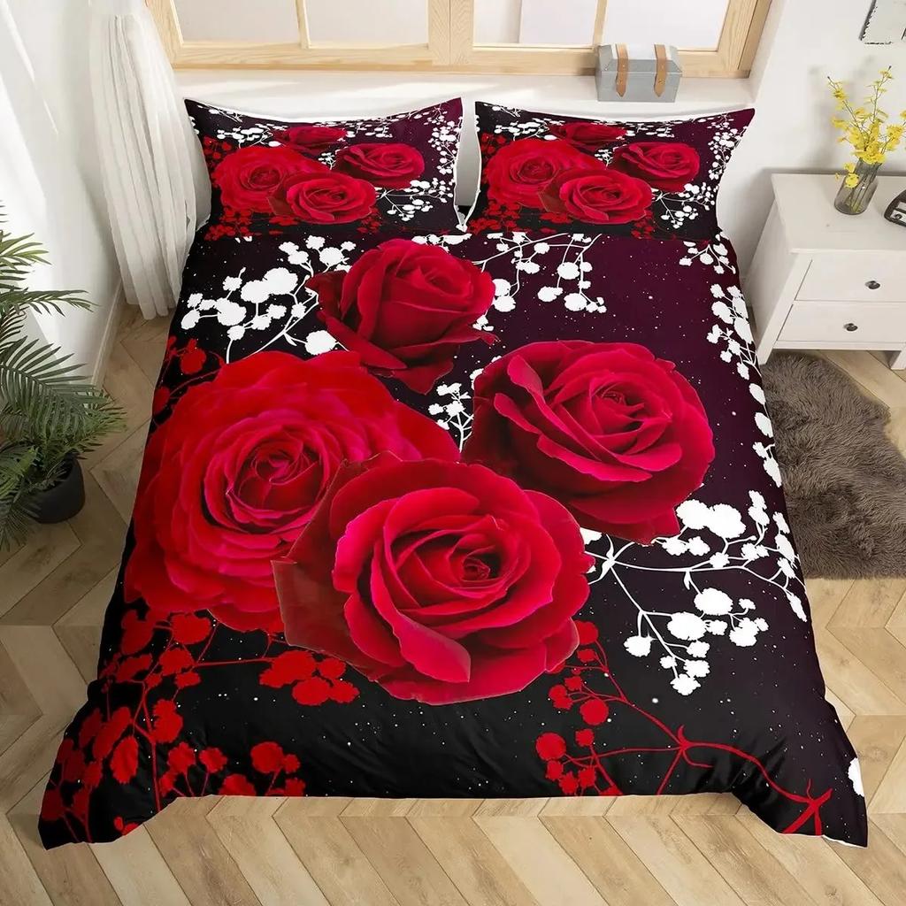 Valentine'S Day Rose Duvet Cover Set Romantic Couple Theme Bedding Set 3D Rose Comforter Cover Set Love Bedspread Twin King Size
