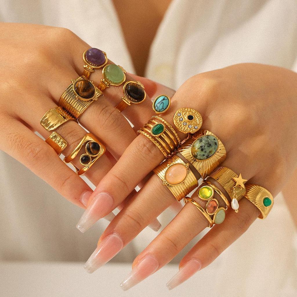 Women's Colorfast Retro Stainless Steel Ring with Natural Stone, Open & Versatile Titanium Steel Design