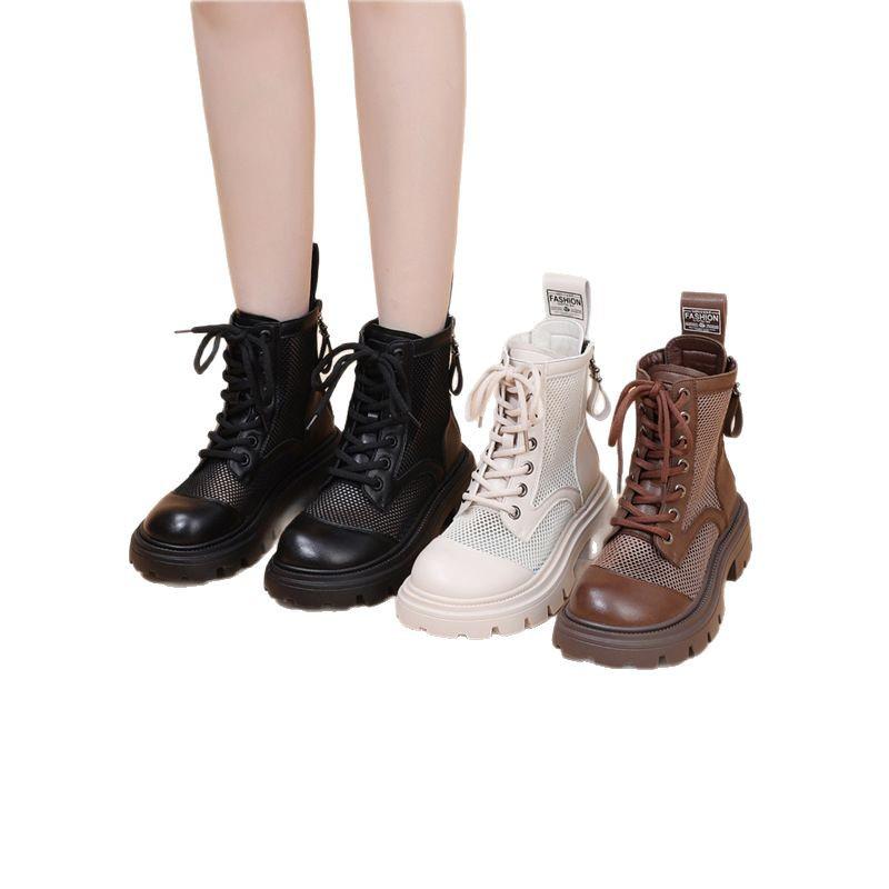 2025 Женские ботинки Мартин в британском стиле из сетки и кожи - Дышащие, на толстой подошве, перфорированные, короткие ботинки для лета