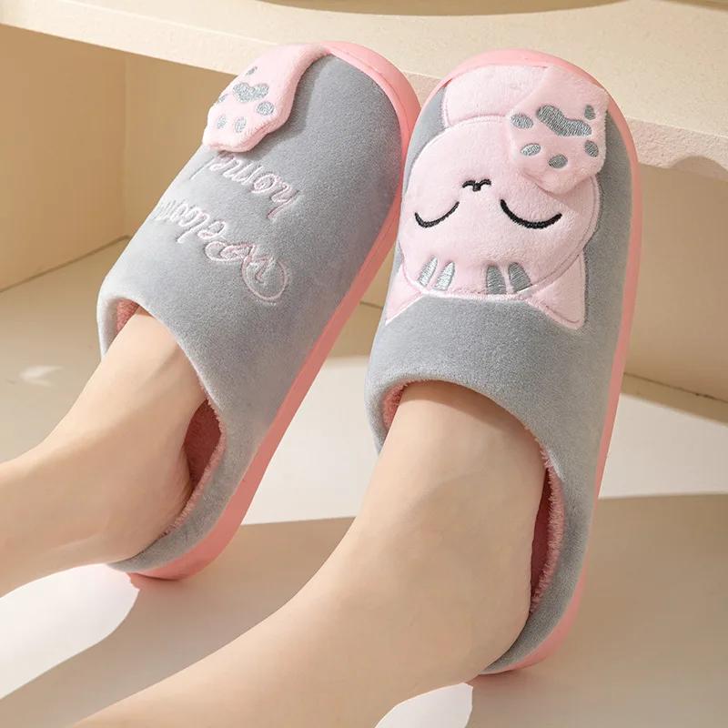 Новые зимние женские хлопковые тапочки Lucky Cat Милые теплые тапочки Удобная плюшевая нескользящая обувь женская теплая зимняя обувь