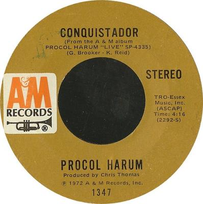 7-дюймовая пластинка PROCOL HARUM - A Salty Dog / Conquistador 1347 A&M Records 1972 US Rock Б/у