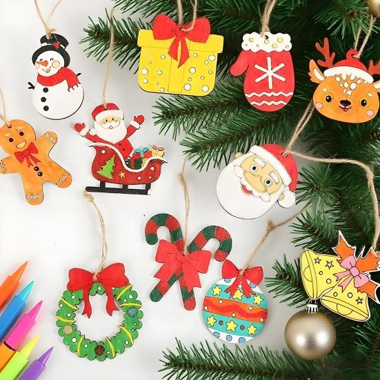 Yousheng 12 Pcs Wooden Christmas Ornaments To Paint DIY Blank Unfinished Wood Reindeer Santa Claus Christmas Tree Bell Wreath Cutouts for Winter