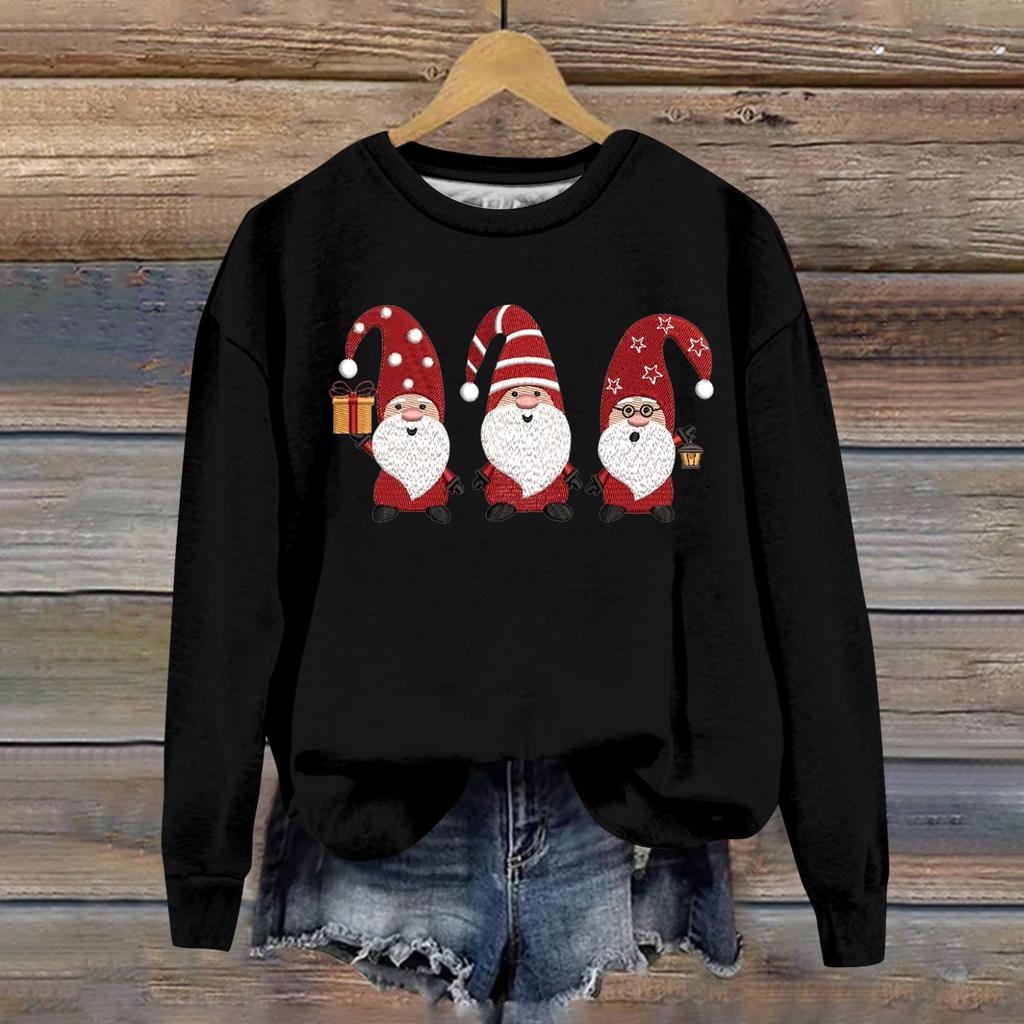 Женская модная рождественская свободная толстовка с длинным рукавом и круглым вырезом с мелким принтом