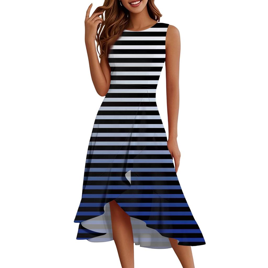 Женские модные повседневные платья без рукавов с круглым вырезом и принтом, элегантные, темпераментные, с оборками