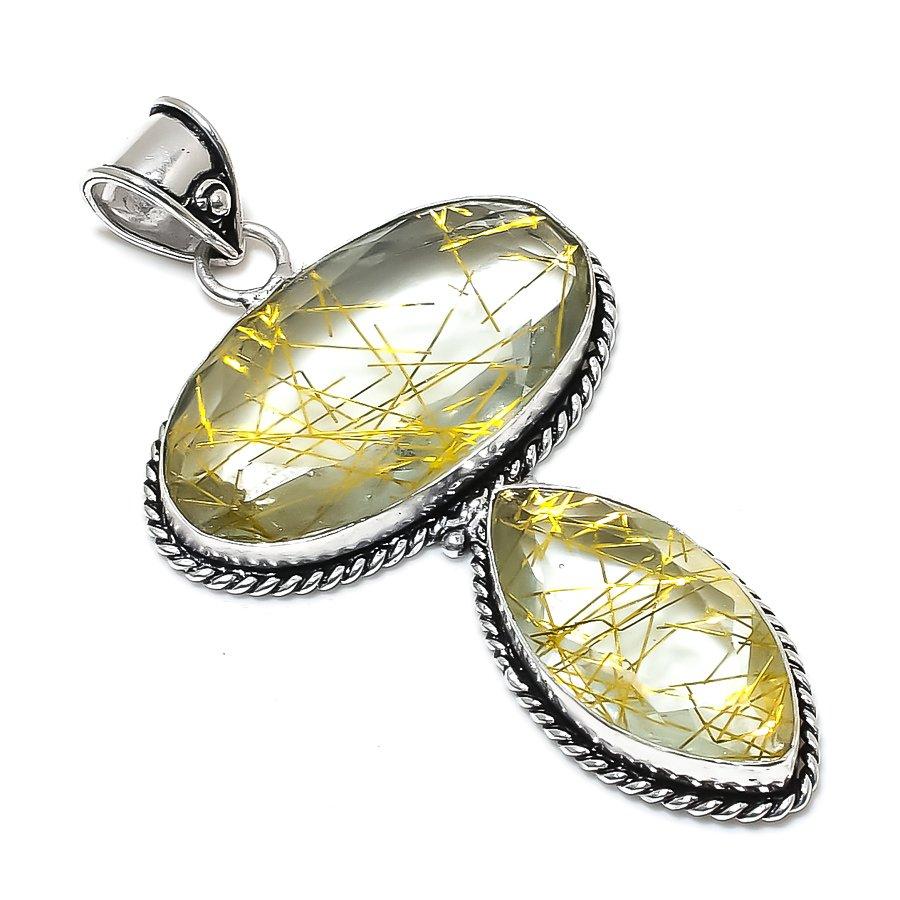 Golden Rutile Gemstone Handmade 925 Sterling Silver Jewelry Pendant 2.88" Q5y95
