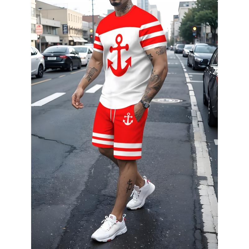 Летний комплект из 2 предметов для мужчин с графическим принтом якоря — удобная футболка с круглым вырезом и шорты на шнурке с карманами — 100% полиэстер