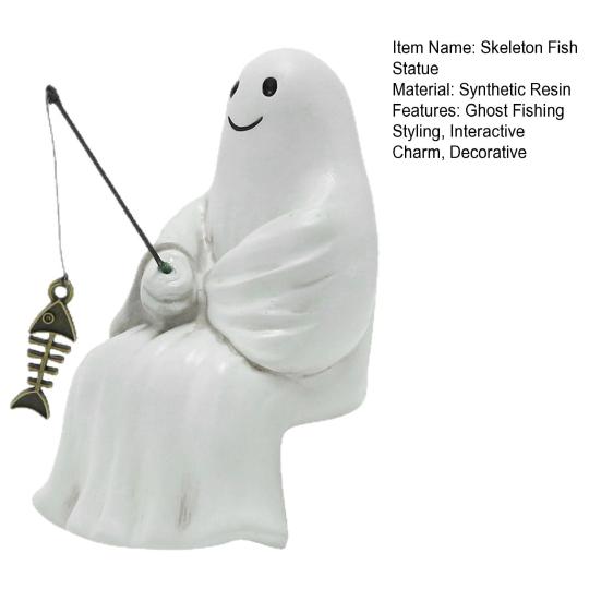 Хэллоуин Скульптура Синтетическая смола Скелет Рыбак Статуя Мини Привидение Рыбалка Пруд Садовое украшение