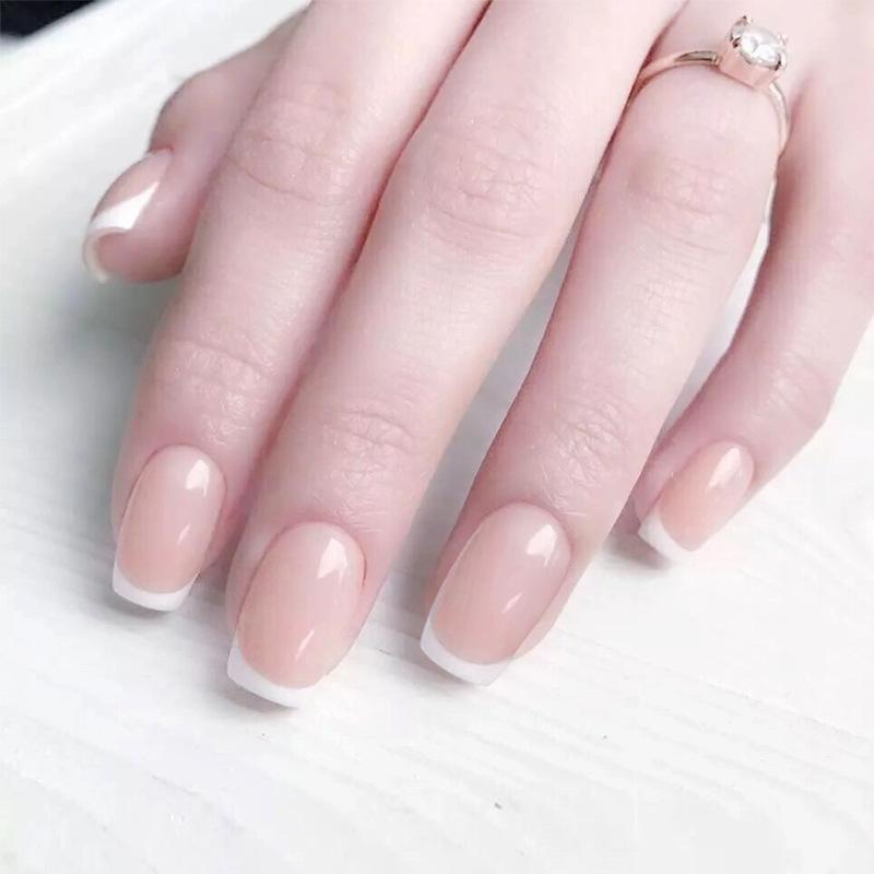 24PCS Long French White Edge Fake Nails Nude Skin Tone Simple Fake Nail Stickers Removable Waterproof Wear Finished Manicure