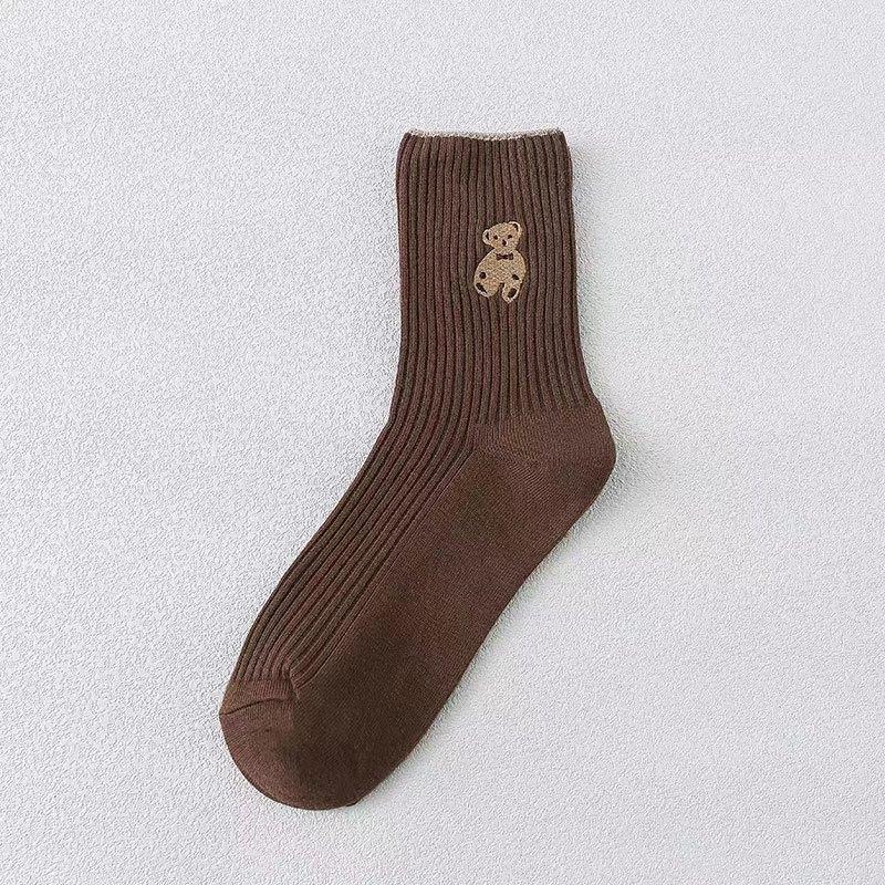 Женские весенне-осенние полосатые носки средней длины из махрового хлопка с вышивкой медведя