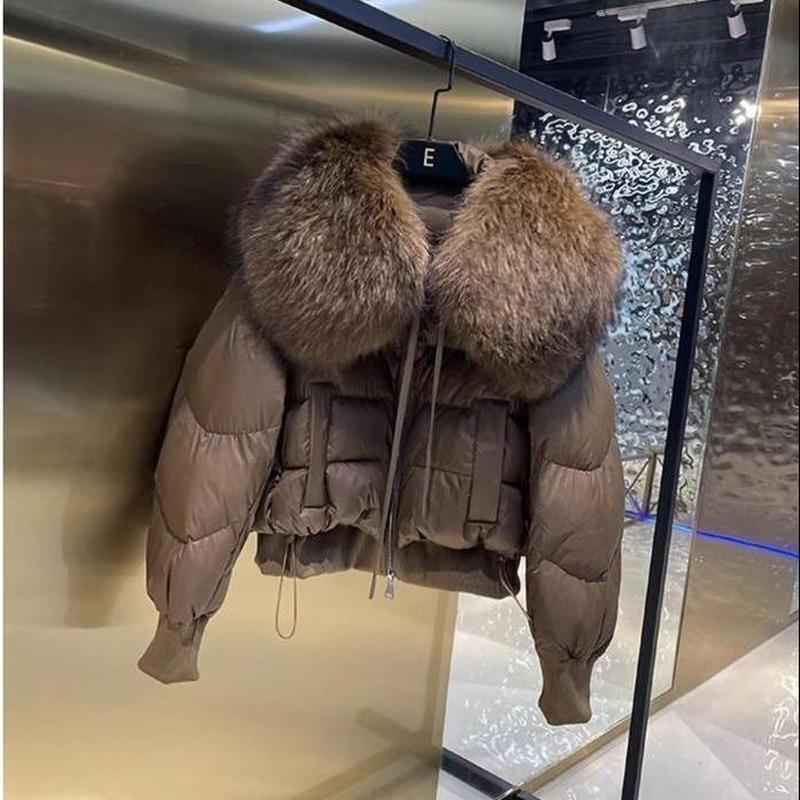 Женская осенне-зимняя высококачественная пуховая куртка с воротником из искусственного меха енота, свободная короткая куртка