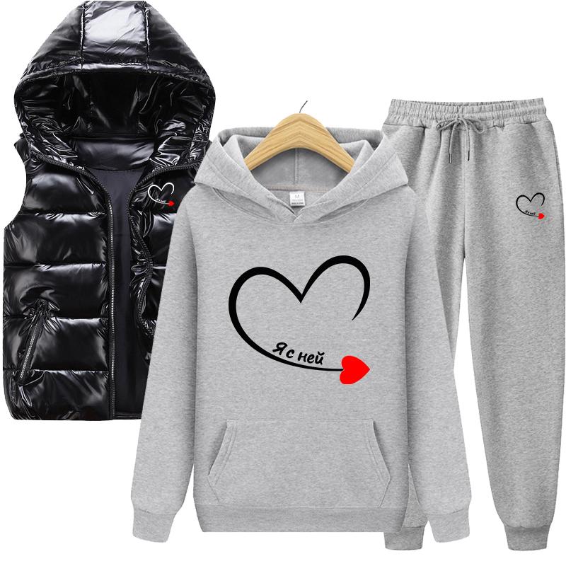 Горячая весна и осень, однотонная толстовка с принтом, комплект из 3 предметов: толстовка для пары + жилет + брюки, спортивная одежда