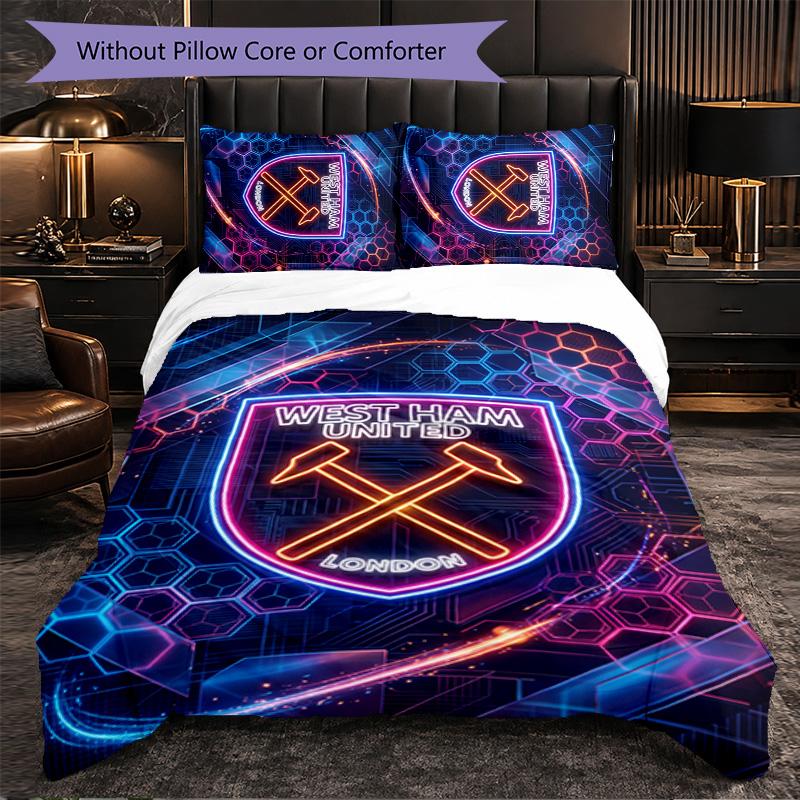 West Ham United Football 3 Piece Bedding Set Soft Duvet Cover Set with Pillowcases Printed Bedroom Decor Set for Home