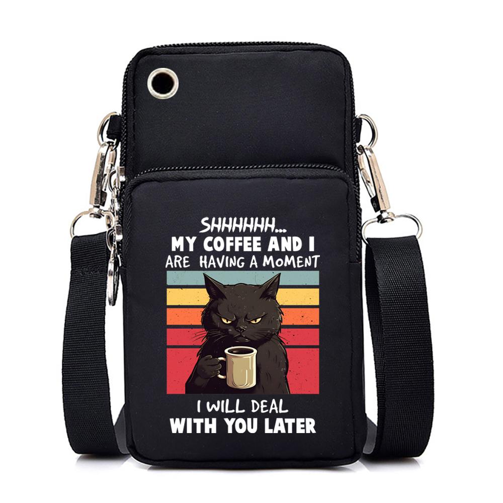 Графическая мини-сумка для телефона, забавная сумка-мессенджер с изображением кота и кофе, маленькая сумка через плечо, женская сумочка