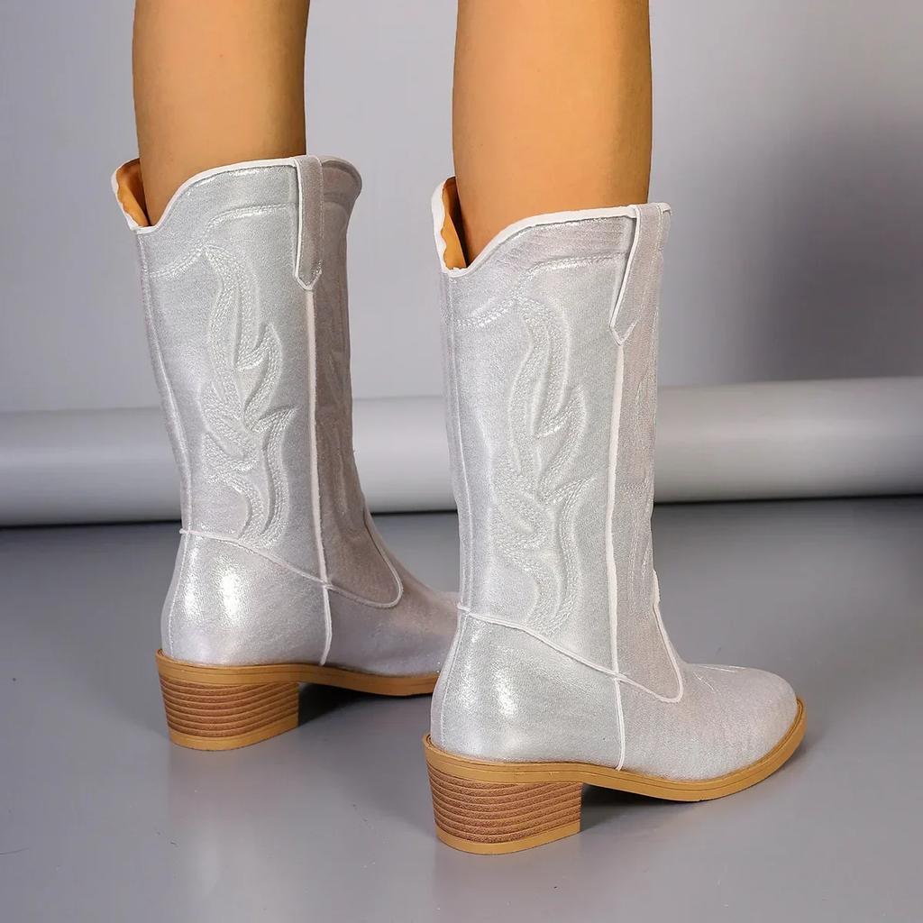 Fashion High Quality Shoes Western Cowboy Boots Fashion Women Mid-calf Boots Glitter Bling Shiny Trend High Heels Botas Mujer 2024