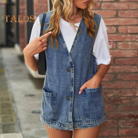 Женский джинсовый жилет с v-образным вырезом и накладными карманами без рукавов, однобортный кардиган, однотонный, повседневный, уличная одежда без рукавов, женский жилет
