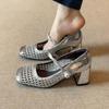 Sheepskin Woven Hollow Sandals Women's Hole Shoes Leather Shoes Thick Heel with Mary Jane Shoes Summer High Heels
