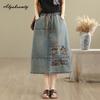 Plus Size Mori Girl Spring Summer Women Midi Denim Skirt Drawstring Floral Embroidery Skirt With Pockets Vintage Elegant Chic A-Line Skirt