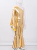 Kids Girls Romper Shiny Metallic One Shoulder Flare Sleeve Bodysuit Dance Jumpsuit Gymnastics Figure Skating Dance Wear
