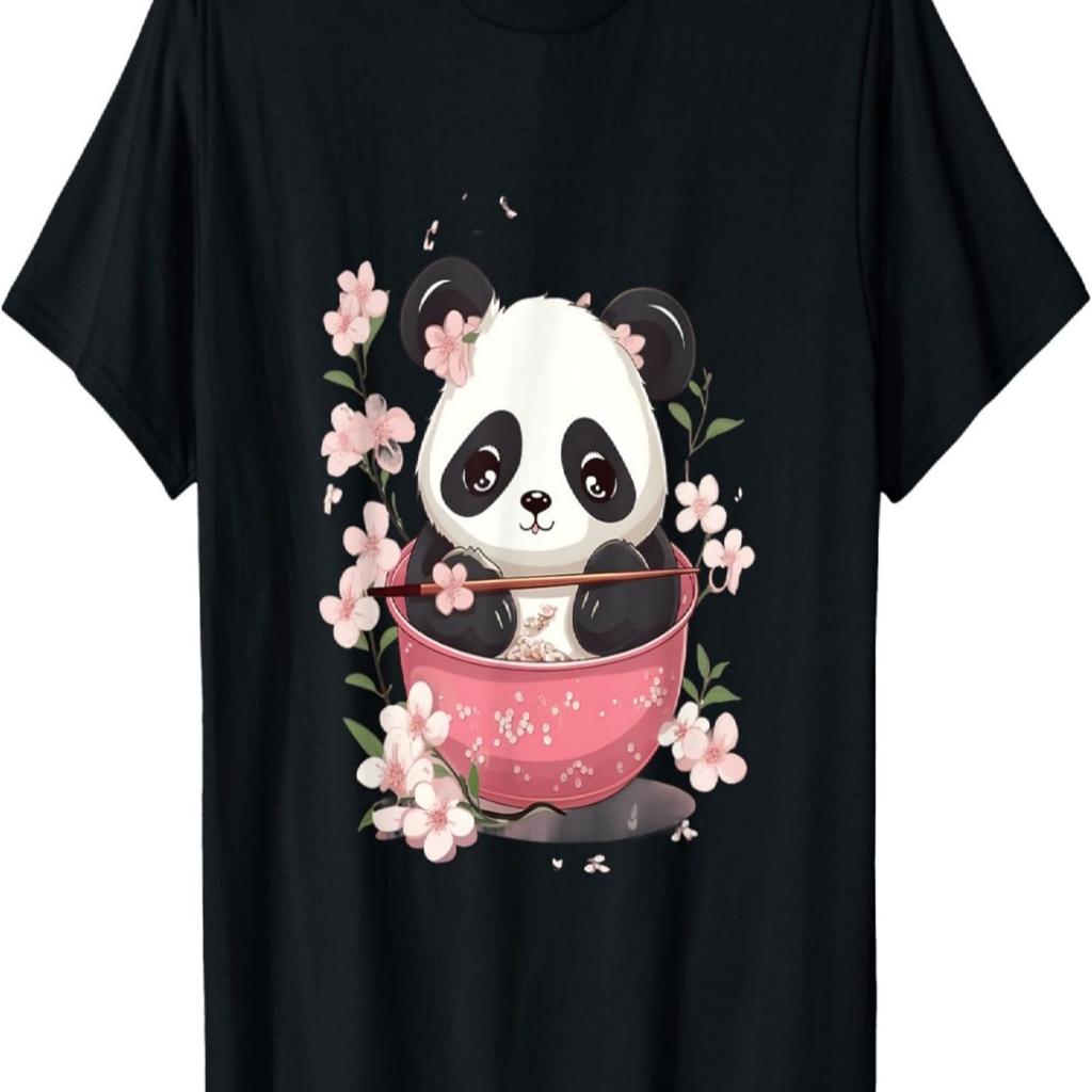 Otaku Kawaii Anime Panda Eat Ramen Noodles Cherry Blossom T-Shirt(9)