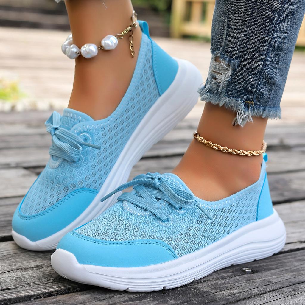 Fashion Summer Bright Color Knitted Mesh Sneakers Woman Comfortable Lace-up Net Sport Shoes Ladies Purple Grey Casual Flat Walk Shoes