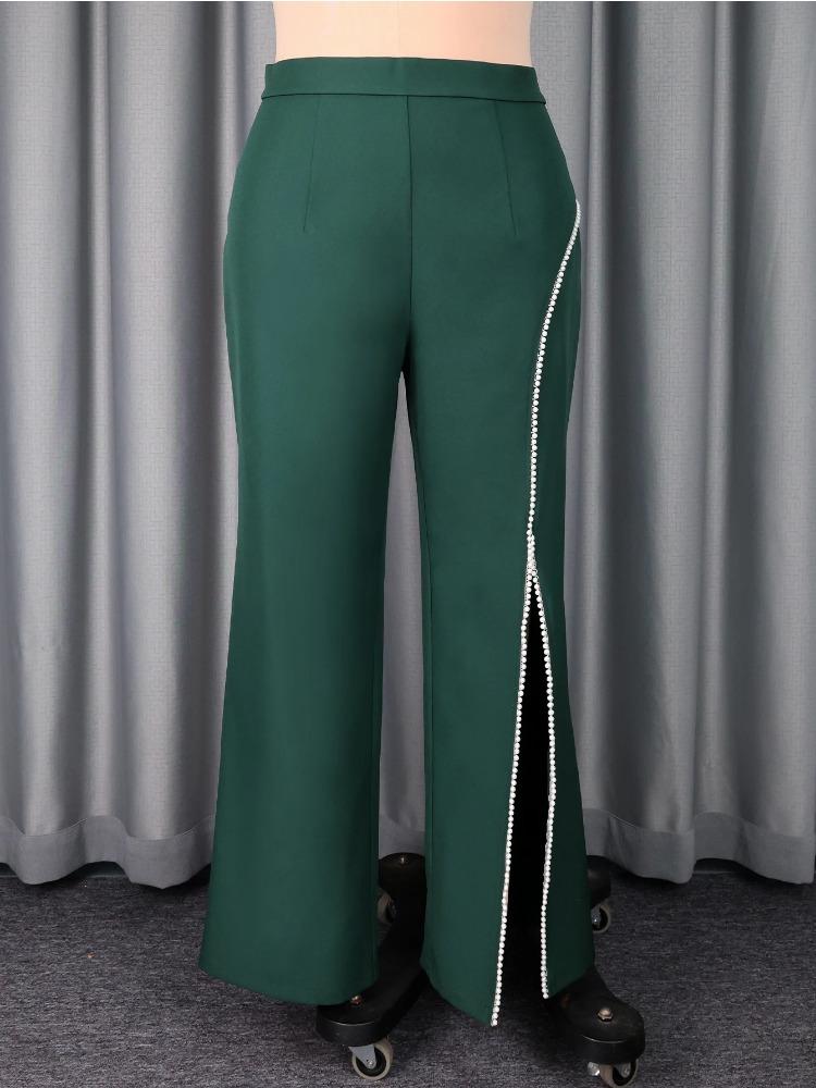 Элегантные женские офисные брюки с высокой посадкой, боковым разрезом, отделкой жемчугом и бисером, широкими штанинами длиной до щиколотки, осенняя мода, деловая одежда