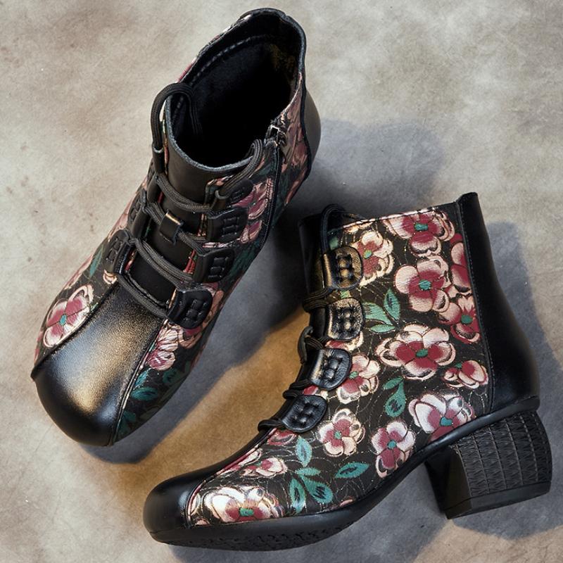 Johnature Короткие ботинки, женские теплые женские туфли с круглым носком и толстым каблуком в этническом стиле, на мягкой подошве с принтом