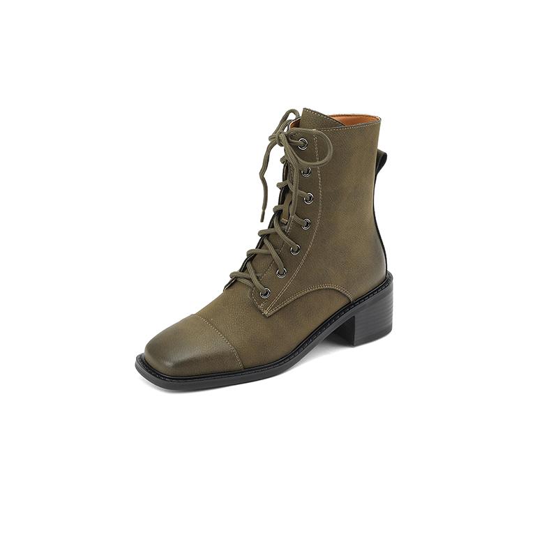 2024 New Cross-Tied Women Short Boots Autumn Winter Genuine Leather Office Lady Square Toe Side Zipper Shoes Woman Ankle Boots