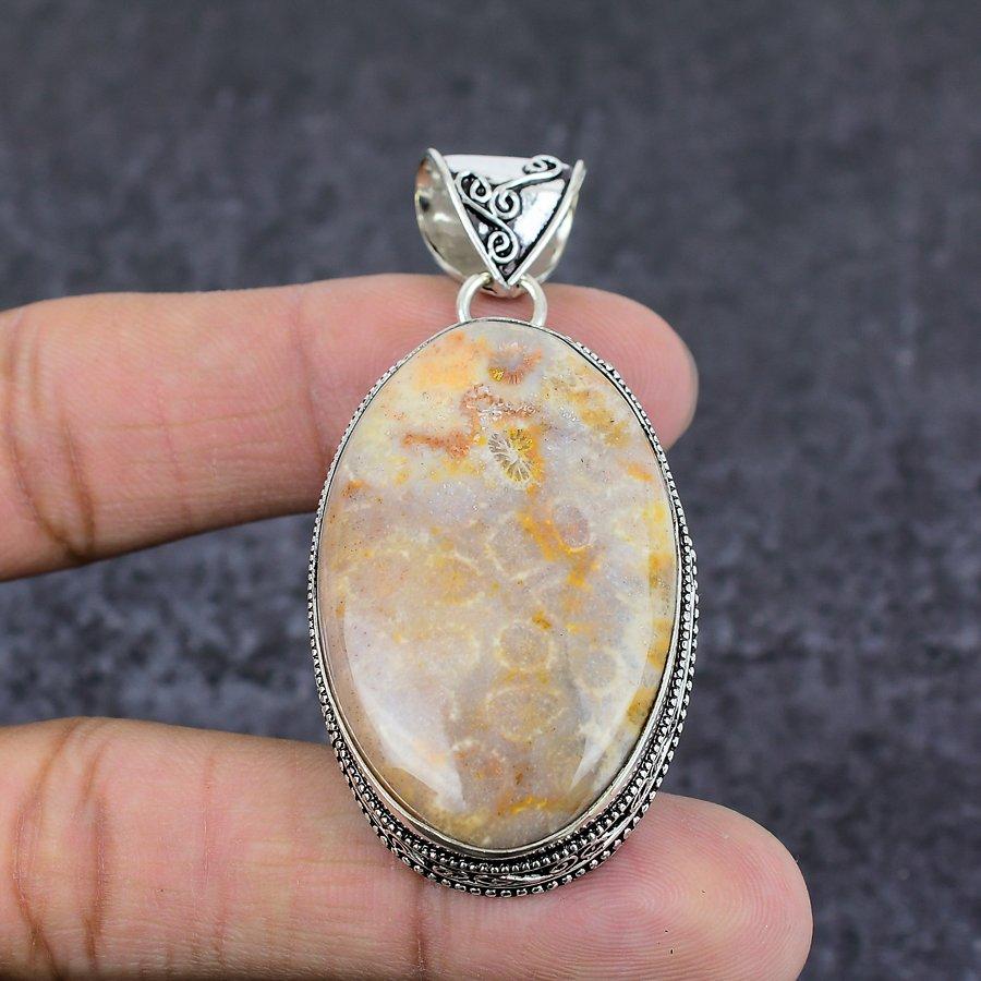 Fossil Coral Gemstone Handmade 925 Sterling Silver Jewelry Pendant 2.44" R2a72