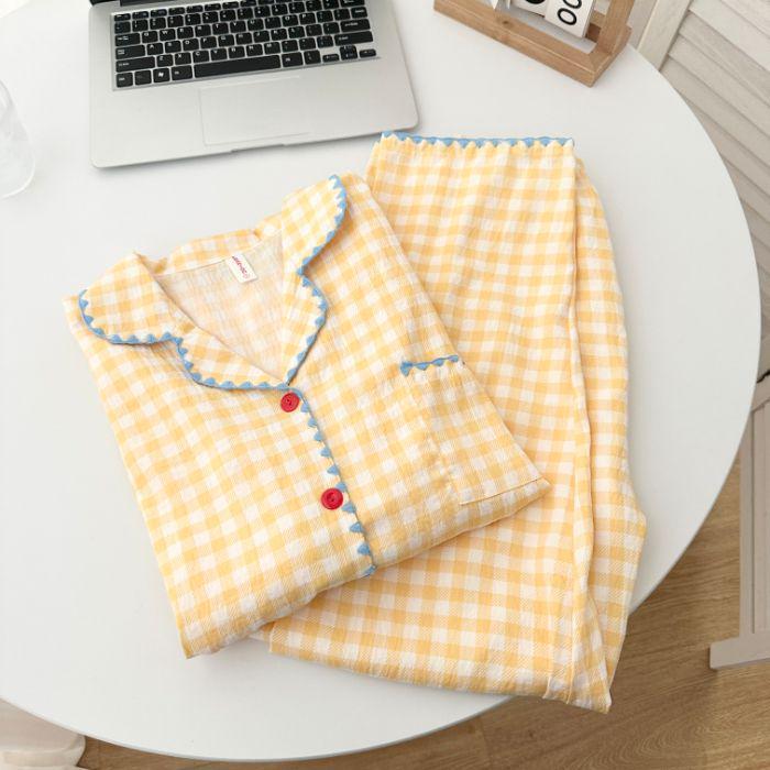 Женский пижамный комплект из облачного хлопка в желтую клетку с отделкой по краю в виде ракушек - С длинным рукавом, для дома на весну/осень, с ощущением высокого качества.