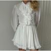 White Elegant Ruffled Mini Dress for Women Patchwork High Waist Long Sleeve See-Through Party Dress