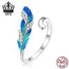 Avle S925 Sterling Silver Feather Ring with Blue-Green Gradient Oil-Drop Zircon, Platinum Plated