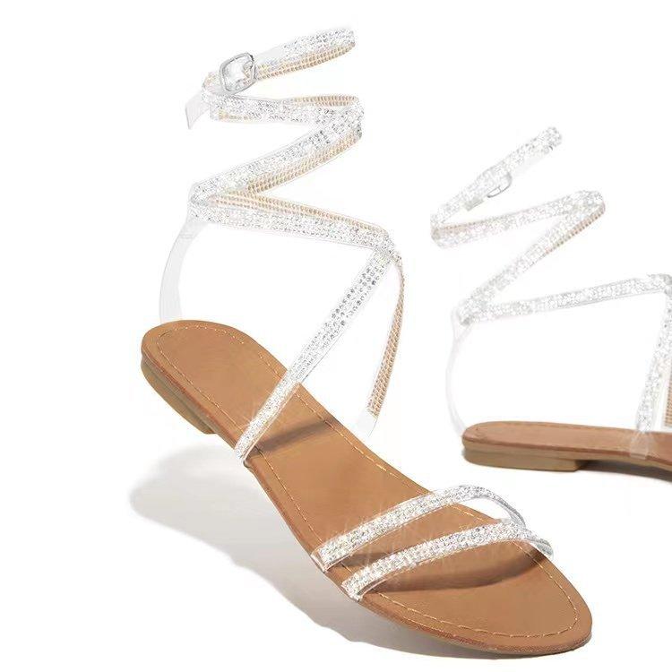 2021 Summer European and American Foreign Trade Rhinestone Flat Sandals Women's Winding Belt Women's Shoes Strappy Sandals