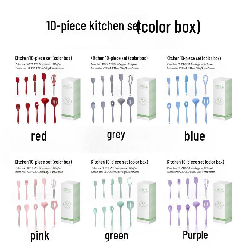 Силиконовый набор кухонной утвари: Половник, Лопатка, Скребок, Лопатка для переворачивания, Кисти для масла и смазывания, Венчик, Щипцы для приготовления пищи и выпечки.