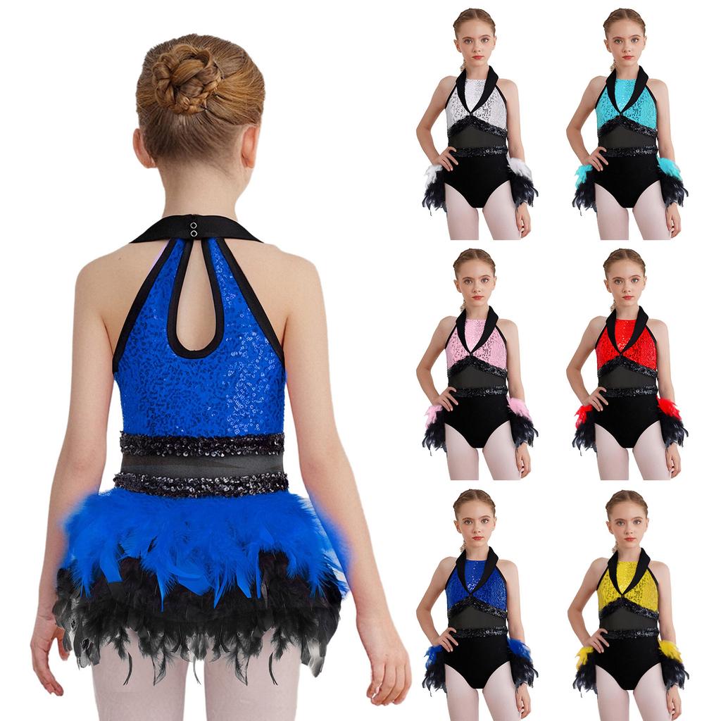 Girls Dance Costume Turn-Down Collar Sleeveless Sheer Mesh Keyhole Back Shiny Sequins Feather