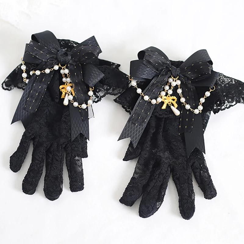 Lolita Gothic Lace Wrist Gloves Women Harajuku Style Bowknot Bead Chain Pendant JK Gloves Bridal Wedding Party Glove Accessories