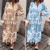 Women Maxi Dress V Neck Floral Printed Pleated Ruffle Patchwork Hem Loow Waist Horn Sleeves Single-breasted Daily Commuting Long Dress