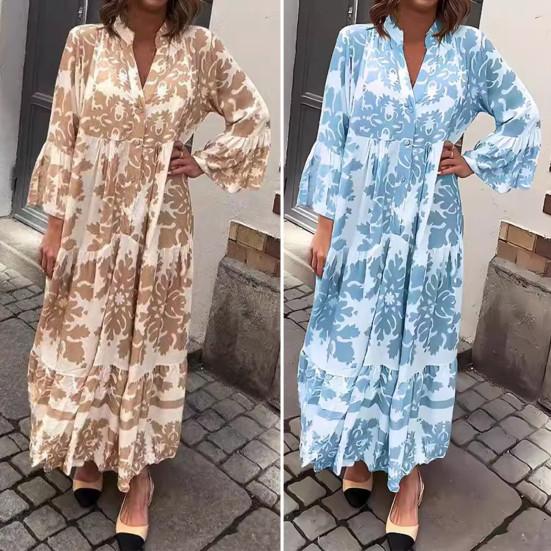 Women Maxi Dress V Neck Floral Printed Pleated Ruffle Patchwork Hem Loow Waist Horn Sleeves Single-breasted Daily Commuting Long Dress