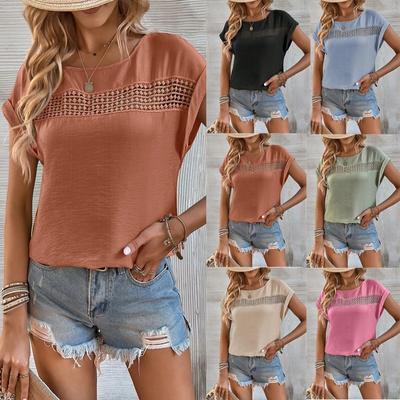 Женский летний новый повседневный однотонный лоскутный кружевной топ с короткими рукавами и вырезами