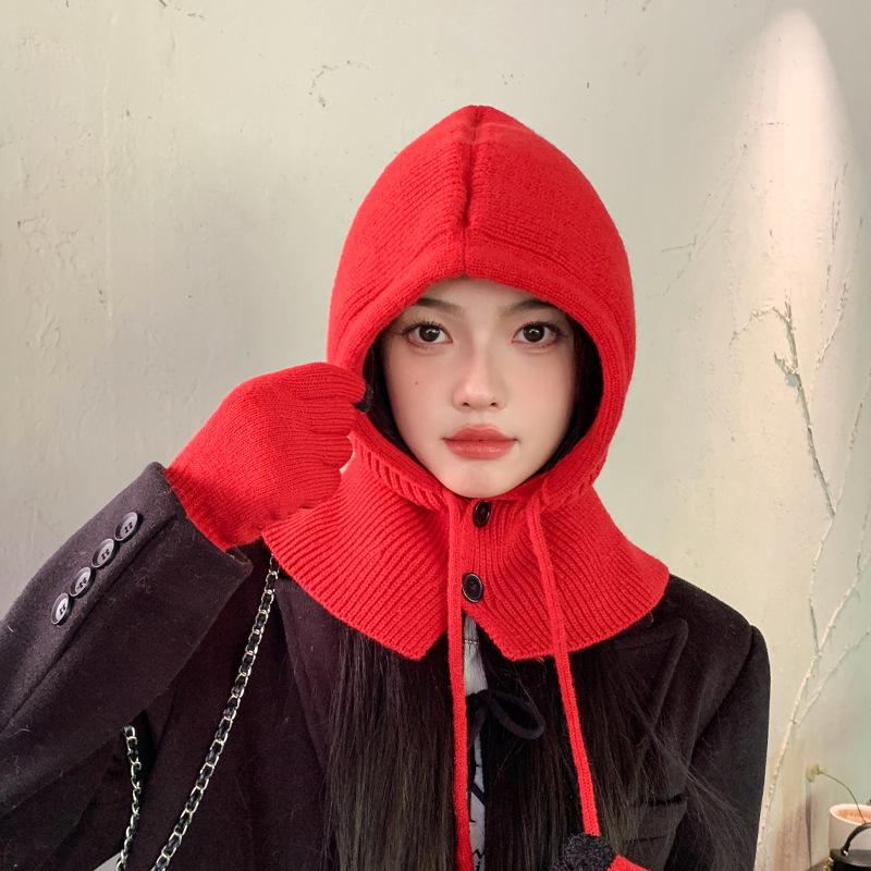 Winter Outdoor Warmer Balaclava Hats Women Girls Knitted Hooded Hats Scarf and Gloves Set Drawstring One-piece Neck Collar Beanies Caps