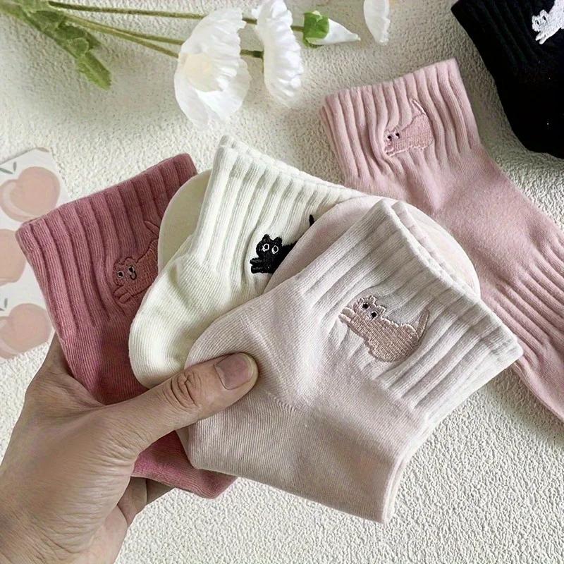 5 пар детских носков с вышивкой кошек, милые носки с вышивкой кошек, мультяшные универсальные, в стиле колледжа