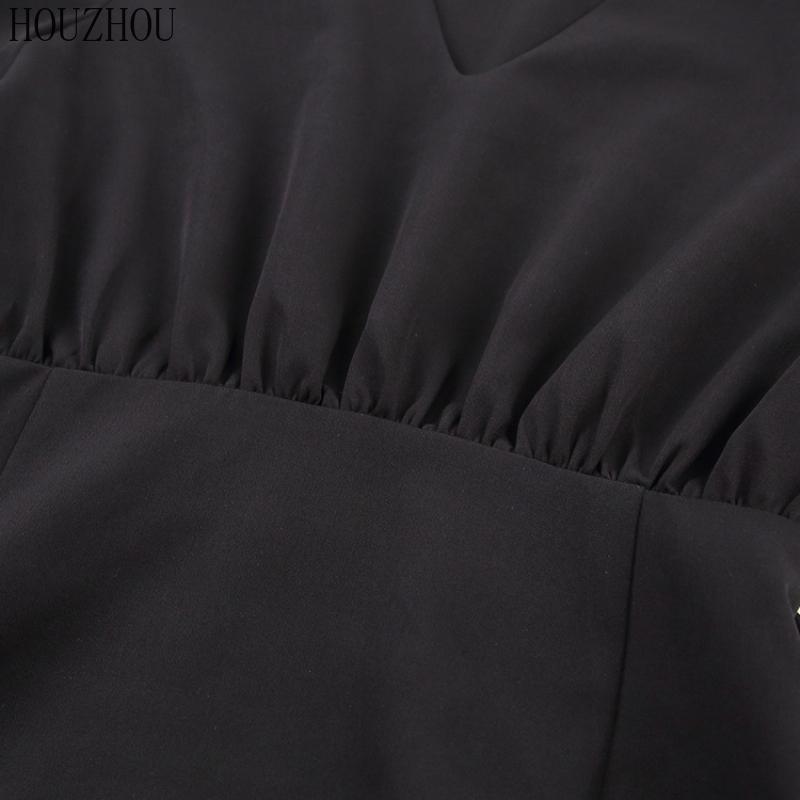HOUZHOU Черное платье женское с v-образным вырезом и высокой талией корейское классическое базовое элегантное мини-платье трапециевидной формы с короткими рукавами и пышными рукавами