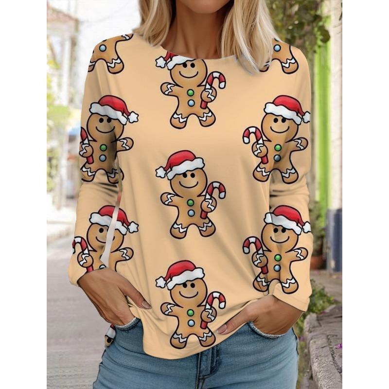 Женская футболка с длинным рукавом и рождественским принтом оленей, спортивный повседневный милый полиэстер с круглым вырезом и длинным рукавом